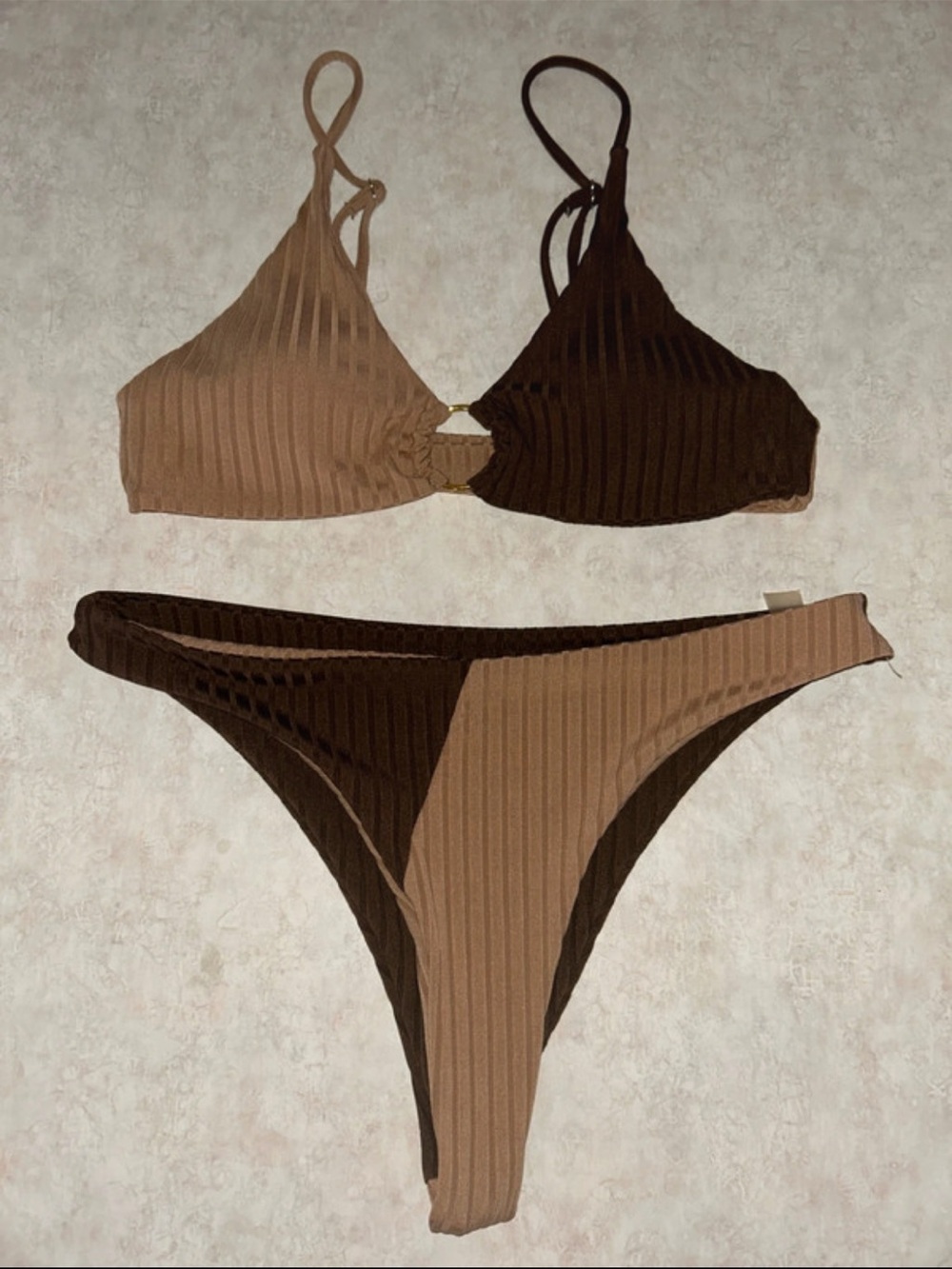 SHEIN Two-Tone Brown Ribbed Bikini Set